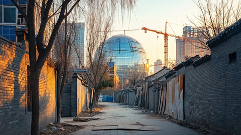 老旧胡同中看现代球形建筑的景象