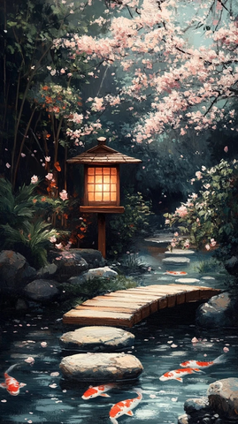 禅意花园木桥竹林石灯笼