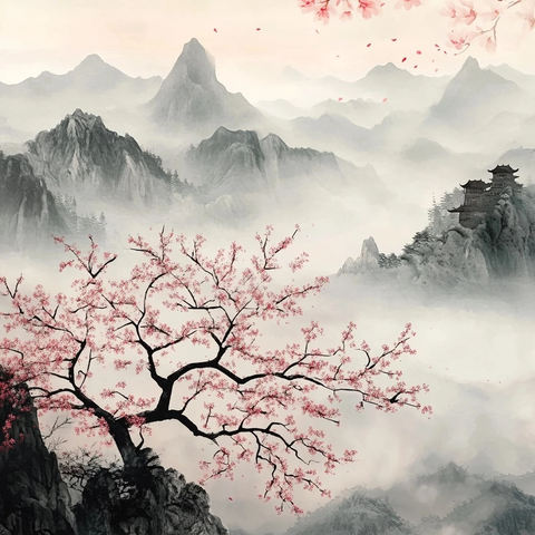 山雾樱花开墨画山水图