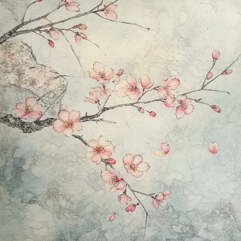 桃花飘落水墨画