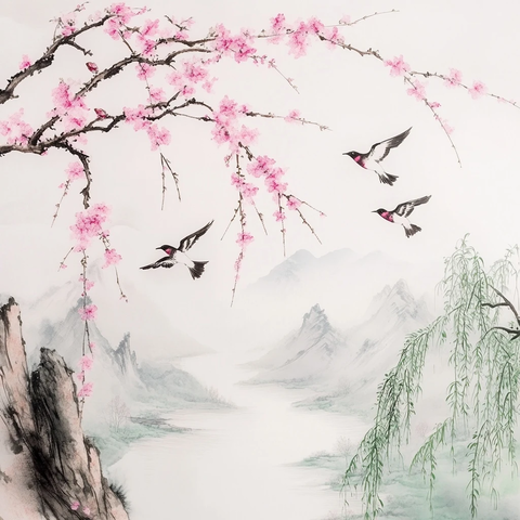 桃枝柳枝燕子山水画