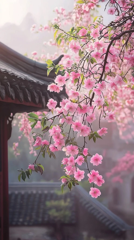 粉花绿枝垂挂古建檐下