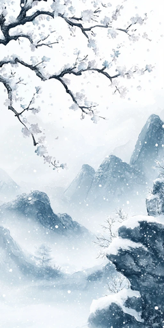雪景山水画枝头白雪
