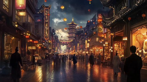 古街夜景行人众多灯火通明的繁华景象