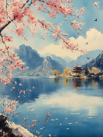 春水湖面鸣鸟筑巢