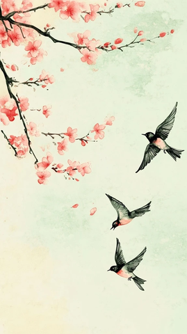 桃枝绽花燕飞春色