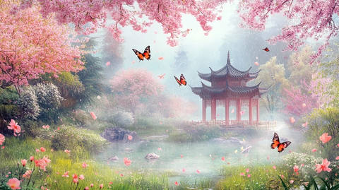 樱花桃花绿草竹林流水亭