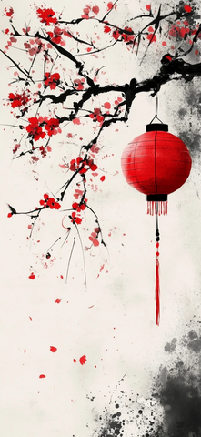 红梅树下垂挂红灯笼