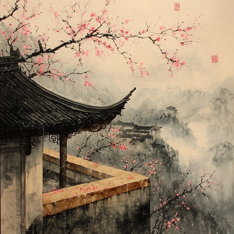 暮雨落桃清晨风斜栏依画