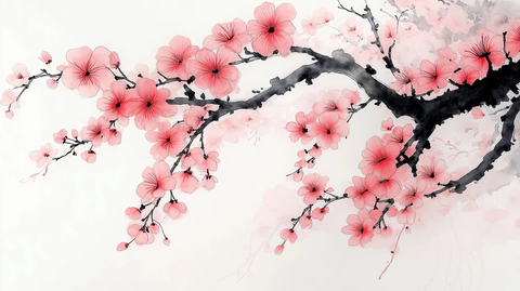 粉红樱花墨绘卡通树