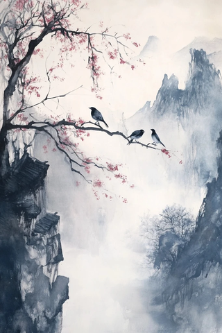 融雪初春山峦鸟归枝头