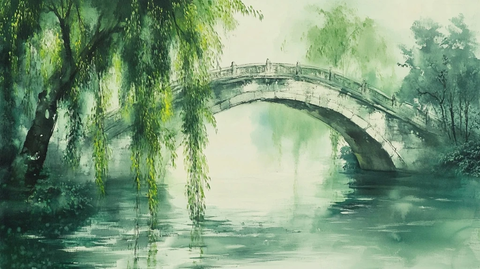 水巷绿柳拱桥墨画