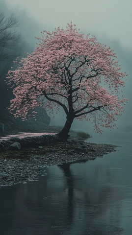 孤树河岸樱花盛开
