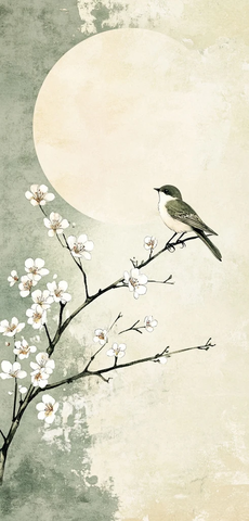 白鸟栖花枝墨绘图