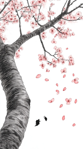 樱花树干与飘落的花瓣