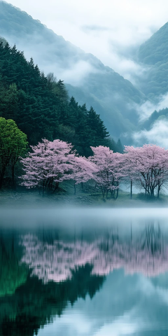 湖畔樱花与山雾美景