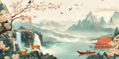 山水瀑布梅花鹿渔舟