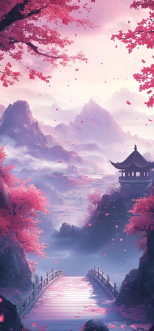 樱花树浮山云水桥花瓣