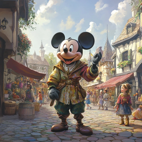 米奇在复古小镇街道中挥手的场景