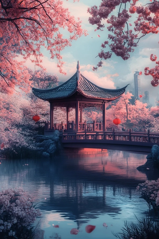 水中亭阁樱花桥红灯笼