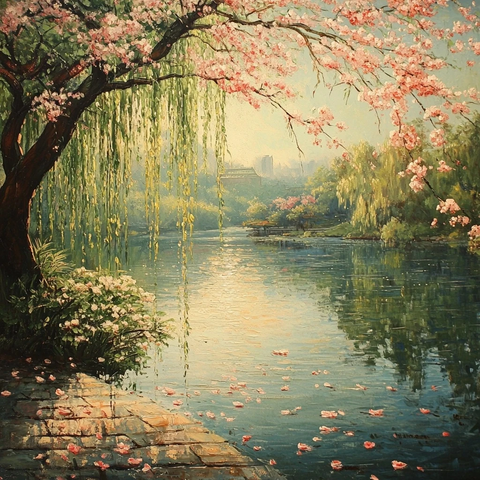 樱花盛开湖畔垂柳