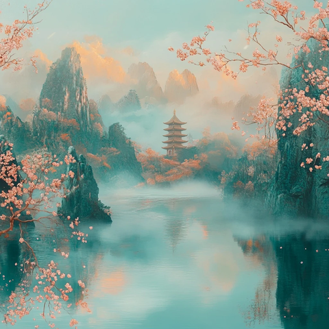 桃花园林山水风光