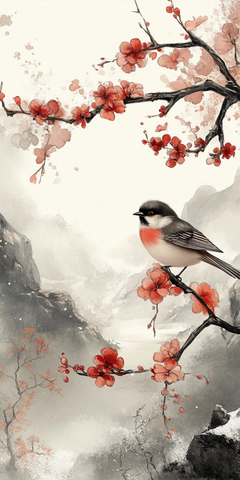 杜鹃鸟与植物水墨画