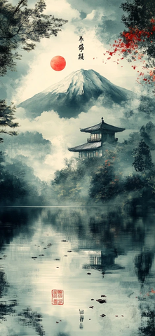 富士山静谧之景与书法