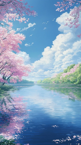 春日河畔花开水波荡漾
