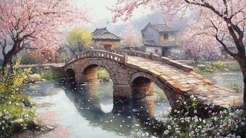 石桥杏花溪流小径