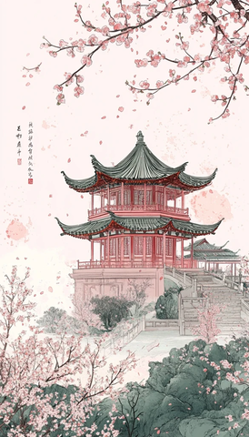 梅花盛开的中式亭台楼阁