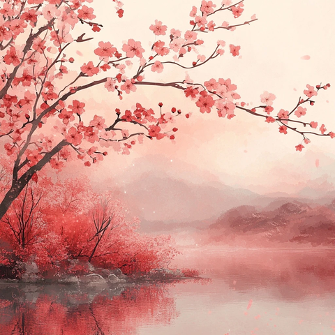 粉色花朵高枝湖边植物