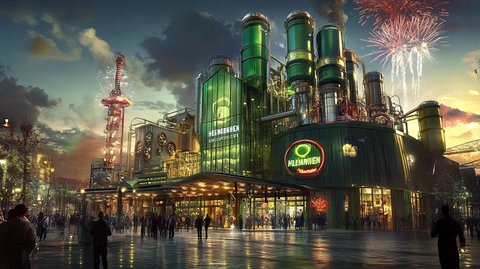 夜晚的喜力啤酒厂外有许多行人