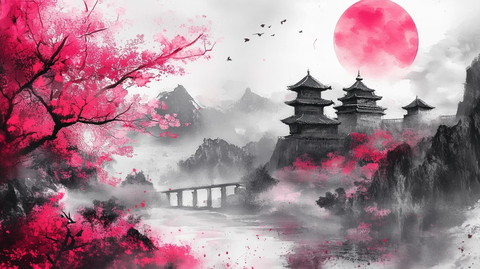 樱花城堡月夜水彩画