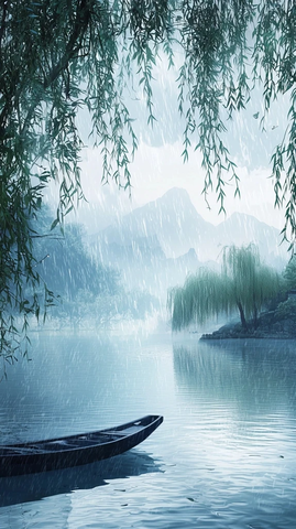 柳树水边摇曳孤舟慢行