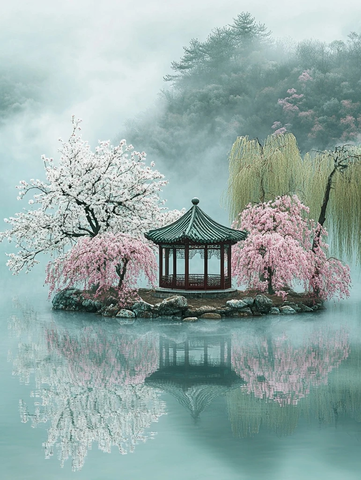 桃花柳树心形叶雾气亭