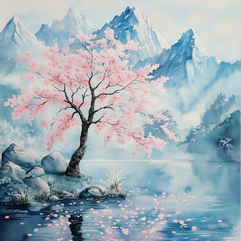 山间樱花飘落水面