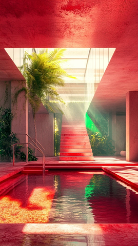 玻璃屋顶泳池与绿植