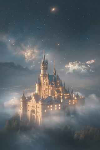 云雾中的星空城堡夜景全景