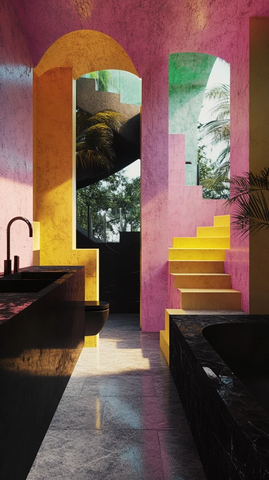 粉色黄色绿色楼梯三角形方形门