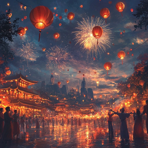 古建筑前人群赏烟火灯笼夜景