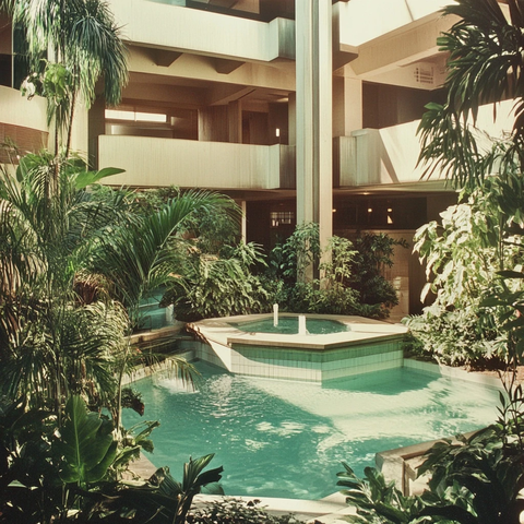 六边形泳池与喷泉绿植