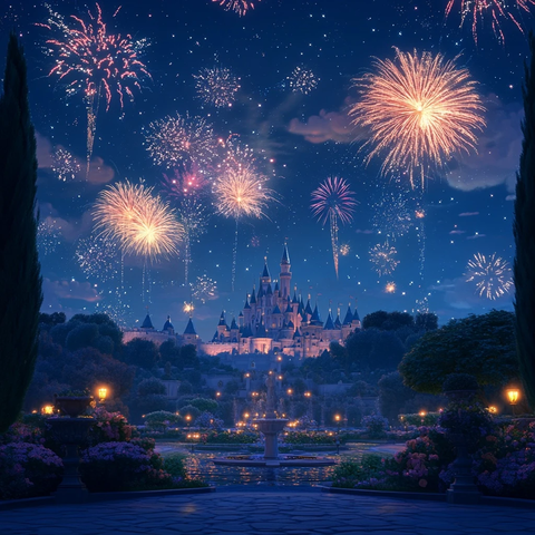 城堡夜空下的璀璨烟花秀全景