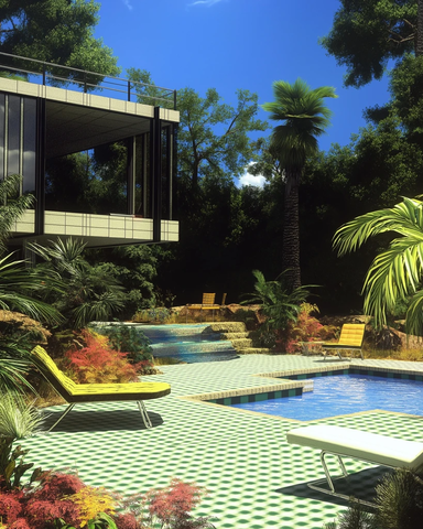 绿白格泳池椅子热带植物