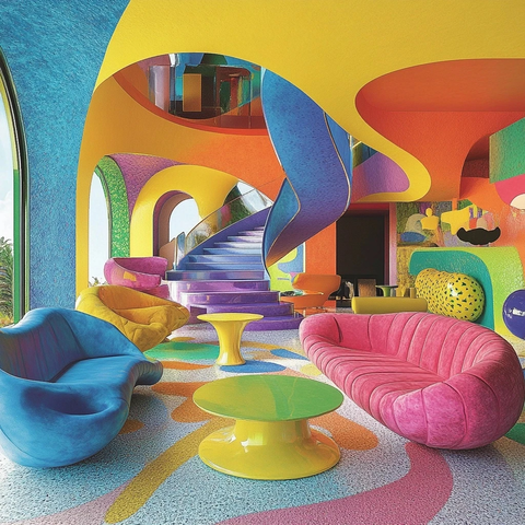 彩色现代主义弹球游戏风格房间