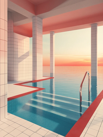 蓝色泳池白色瓷砖红色条纹