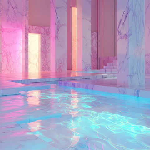 室内大理石水池霓虹光影