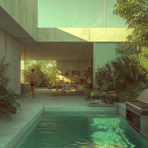 客厅视野的泳池与烧烤区