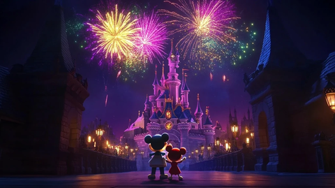 迪士尼城堡前米奇米妮观赏烟花夜景