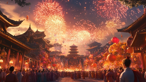 古建筑前人群聚集共赏盛大烟花秀